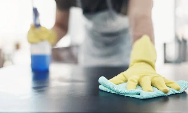 Keep Clean Keep Safe Unrecognisable Woman Disinfecting Table Home — 图库照片