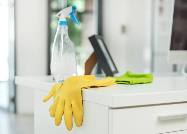 Clean Office Safe Office Pair Rubber Gloves Disinfectant Spray Desk — Stok fotoğraf