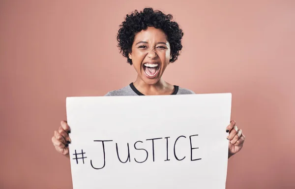 Want Justice Want Now Studio Shot Young Woman Holding Poster — Stockfoto