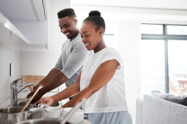 Care Your Home You Care Your Marriage Young Couple Washing — 스톡 사진