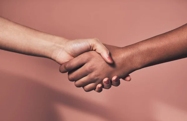 Together Can Take World Two Unrecognizable Women Shaking Hands — Photo