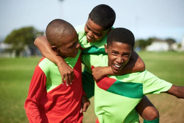 Team Spirit Always Runs High Group Young Boys Playing Soccer — Stock fotografie