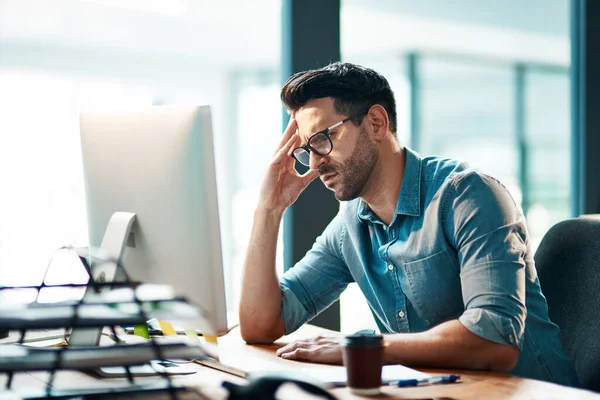 Stress Headache Frustrated Business Man Working Computer Office Annoyed Anxious — Fotografia de Stock