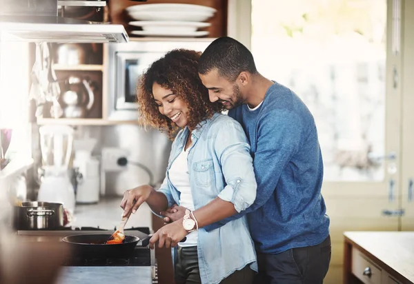 Loving Affectionate Couple Cooking Breakfast Lunch Dinner Together Kitchen While — Fotografia de Stock