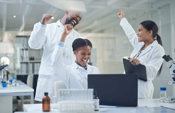 Celebrating Another Case Solved Group Scientists Cheering While Working Lab — Stockfoto