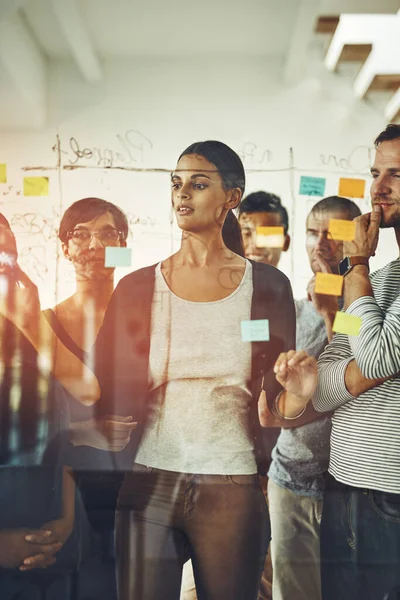 Group Marketing Professionals Designers Brainstorming Ideas Writing Transparent Board Sticky — Stock fotografie