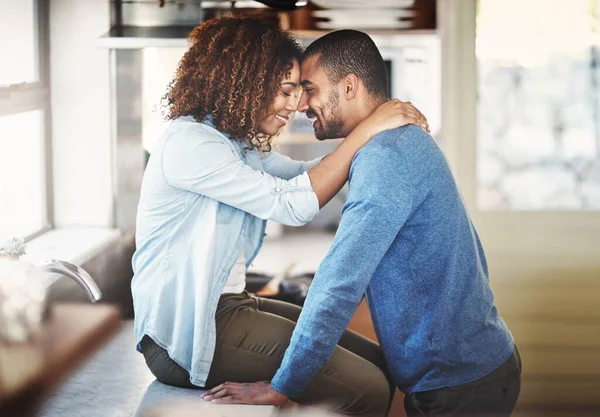 Young Happy Couple Hugging Having Romantic Moment Kitchen Home Relaxed – stockfoto