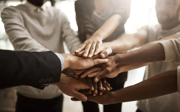 Businesspeople Hands Together Huddle Pile Showing Support Teamwork Close Collaboration — Stockfoto