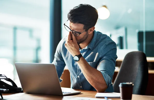 Stressed Tired Frustrated Business Man Headache Night Burnout Making Mistake — Zdjęcie stockowe