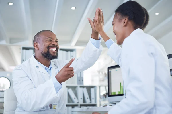 Science Saves Day Two Scientists Giving Each Other High Five — Fotografia de Stock