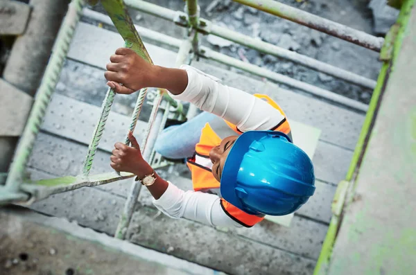 Harder You Work Higher You Young Woman Climbing Ladder Construction — Stockfoto