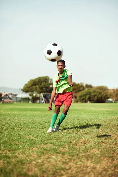 Shoot Your Goals Young Boy Playing Soccer Sports Field — Stock fotografie