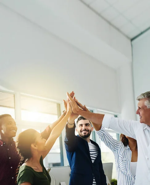 Group of business people doing high five together while standing inside an office with sun flare and copy space. Team of colleagues, coworkers and employees celebrating teamwork and stacking hands.