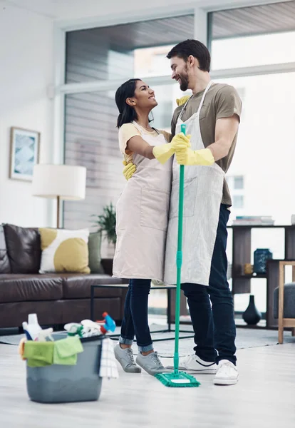 Doing Household Task Tango Happy Young Couple Dancing While Mopping —  Fotos de Stock