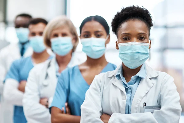 Heroes Front Lines Pandemic Portrait Group Medical Practitioners Wearing Face — Foto de Stock