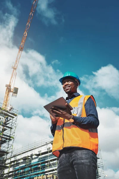 Performs Just Well His Power Tools Young Man Using Digital — Stockfoto