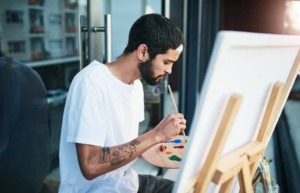 Open Your Mind Artistic Possibilities Man Doing Painting While Sitting — Stok fotoğraf