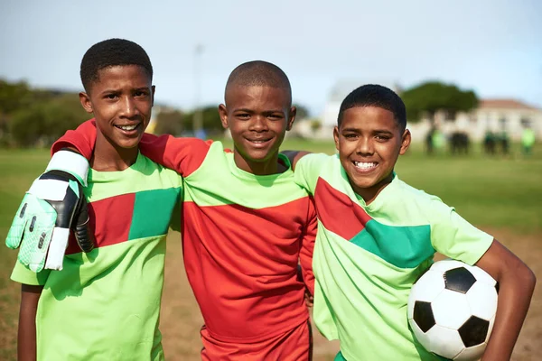 Just Give Ball Well Happy Portrait Group Young Boys Playing — Stock fotografie