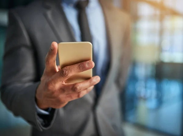 Business Phone Hand Professional Man Typing Message Browsing Online Using — Stockfoto