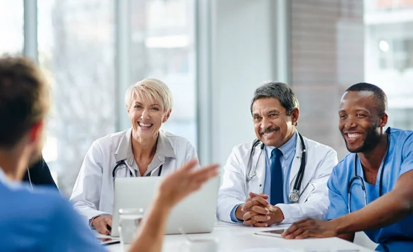 Unity Teamwork Happy Health Care Workers Having Meeting Conference Room — Fotografia de Stock