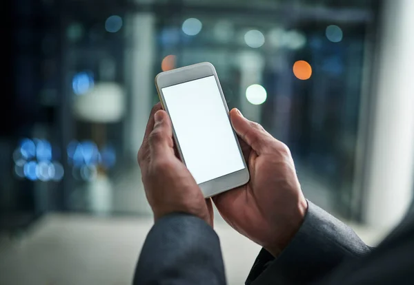 Businessman Hands Holding Phone White Screen Template Modern Office Closeup — Stockfoto