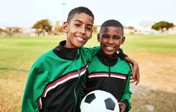Growing Become Football Sensations Portrait Two Young Boys Playing Soccer — Stock fotografie