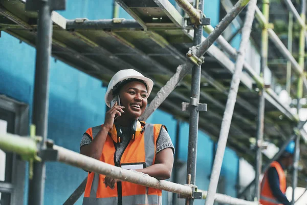 You Want Build Young Woman Talking Cellphone While Working Construction — 图库照片