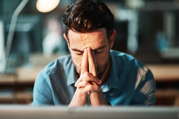 Stressed Tired Frustrated Businessman Headache Night Burnout Making Mistake Computer — Fotografia de Stock