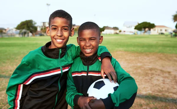 Were Best Buddies Teammates Portrait Two Young Boys Playing Soccer — Stock fotografie