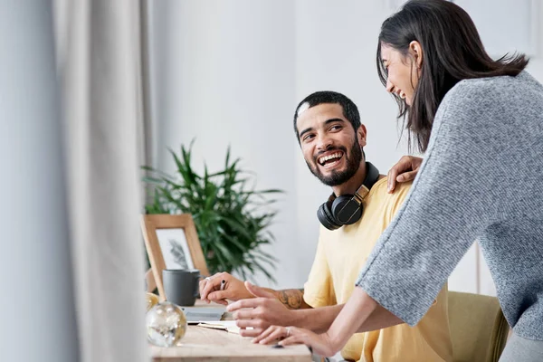 Home Life Say Hello Work Life Happy Young Couple Working — Foto Stock