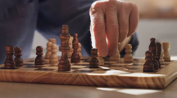 Needed Brain Game Unrecognizable Man Sitting Alone Playing Chess Kitchen — Foto Stock