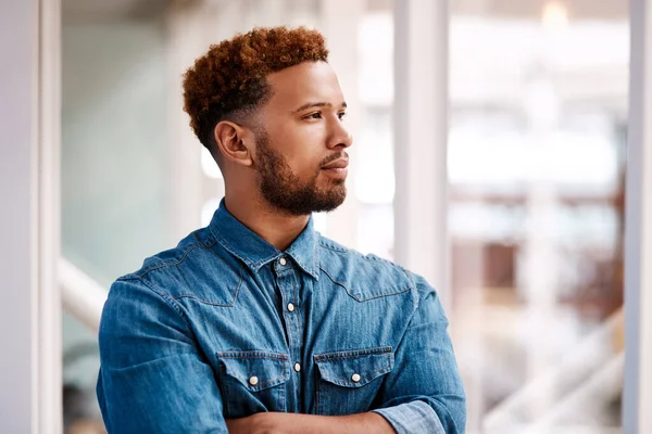 Ideas Keep Flowing Handsome Young Male Designer Looking Thoughtful While — Foto de Stock