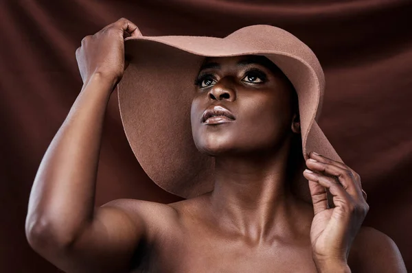 Glowing Skin Glowing Future Beautiful Young Woman Wearing Hat While — Stock Photo, Image