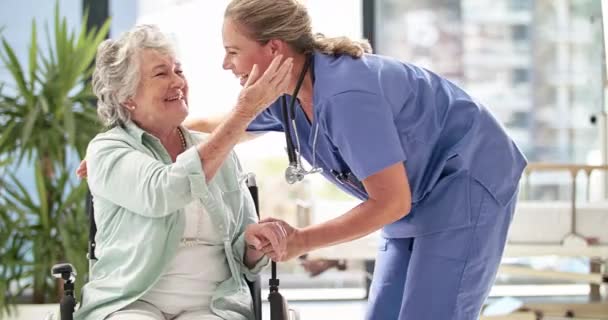 Support Care Affection Nurse Doctor Hugging Senior Patient Sitting Wheelchair — Vídeos de Stock