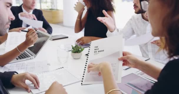 Group Diverse Colleagues Meet Discuss Paperwork Talk Strategy Improve Business — Stok video