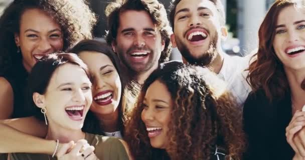 Happy Diverse Laughing Group Colleagues Taking Photo Picture Together Outdoors — Stockvideo