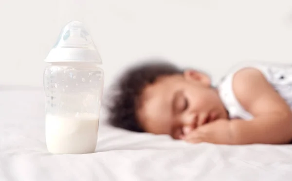 Mandatory Nap Milk Binge Adorable Baby Boy Sleeping His Bottle — Stock Photo, Image