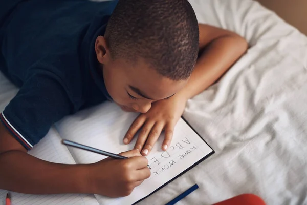 Think Doing Homework Fun Young Boy Using Pencil While Writing — Photo