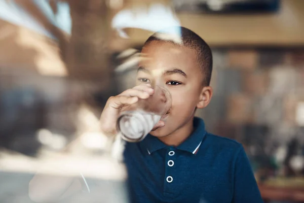 Water Keeps Healthy Young Boy Drinking Glass Water Home — Stock Photo, Image