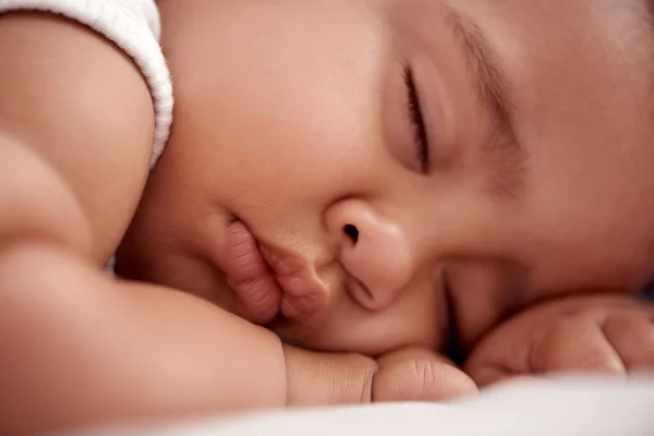 World Stops Sleeping Baby Adorable Baby Boy Sleeping Peacefully Bed — Fotografia de Stock