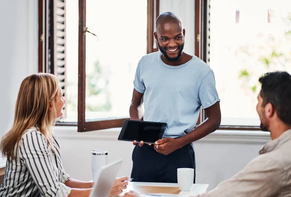 His First Presentation Going Well Group Business Colleagues Meeting Boardroom — Stockfoto