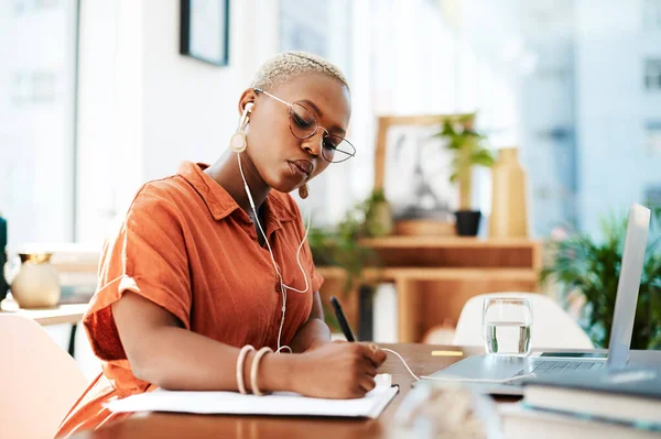 Repeat Small Efforts Turn Success Young Businesswoman Wearing Earphones While — Stockfoto