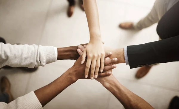 Support Teamworking Joining Hands Together Team Building Session Closeup Businesspeople — Foto de Stock