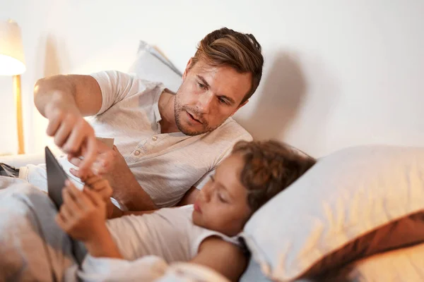 Bedtime Stories Lot More Fun Books Young Boy Using Digital — Stockfoto