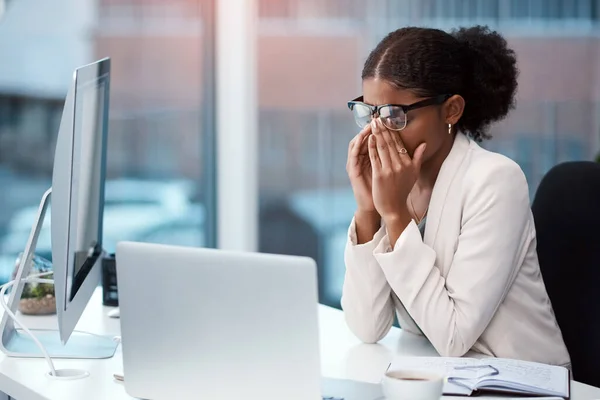 Stress Anxiety Worry Young Business Woman Suffering Headache Migraine Burnout — Fotografia de Stock