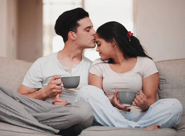 Good Morning Handsome Young Man Kissing His Wife Forehead While — Foto Stock