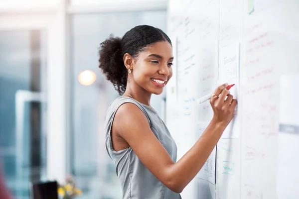 Businesswoman Project Manager Planning Marketing Strategy Brainstorming Ideas Whiteboard Her — Zdjęcie stockowe