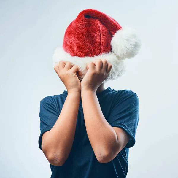Christmas Cancelled Studio Shot Cute Little Boy Covering His Head — 스톡 사진