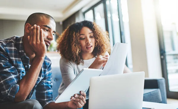 Black Couple Talking Reading Finance Papers Planning Bills While Working — Stock fotografie