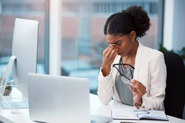 Stressed Tired Frustrated Businesswoman Headache Eye Strain Burnout Making Mistake — Foto Stock